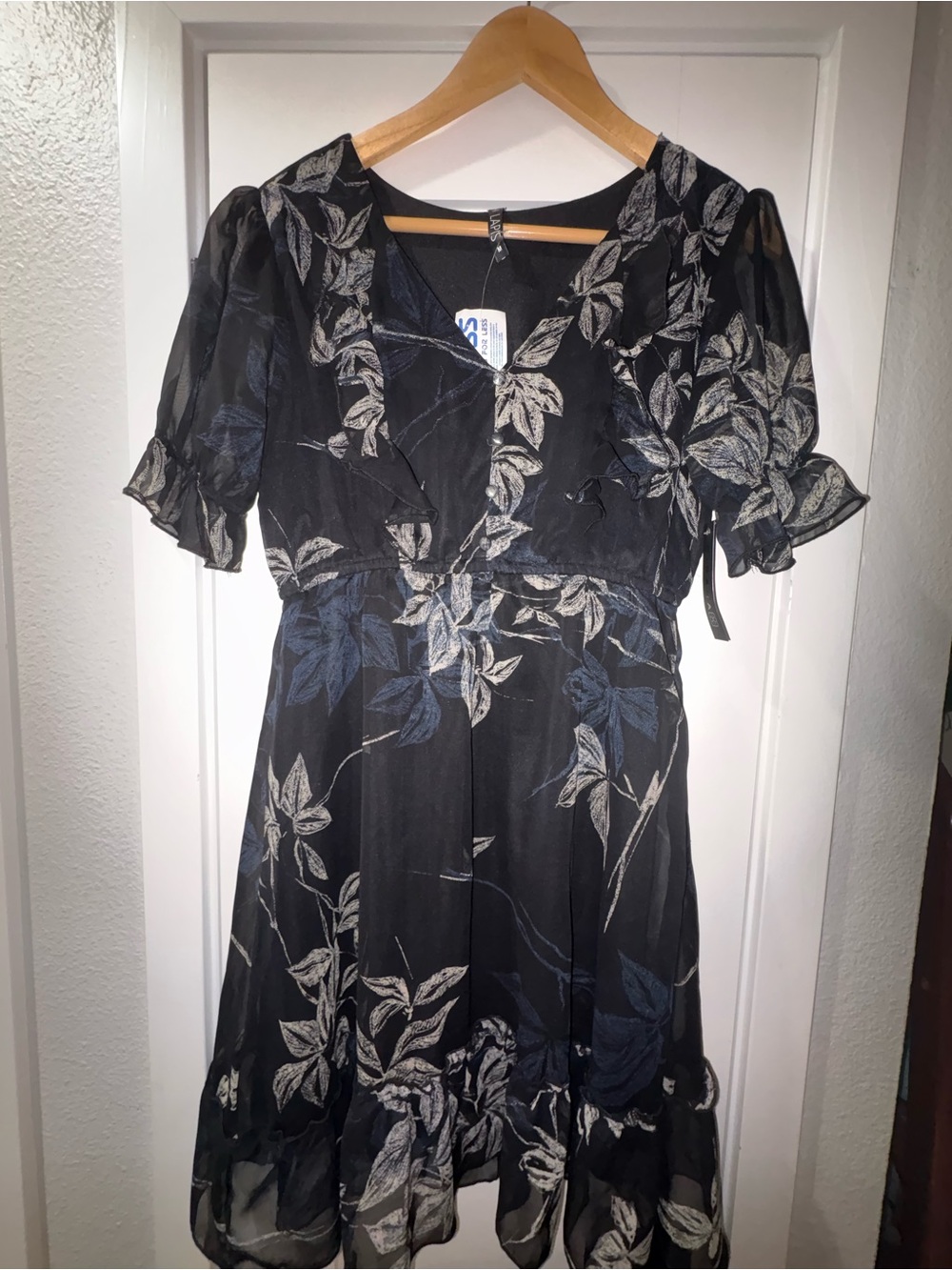 Lapis Black Floral Midi Dress with Ivory and Navy Leaf Print